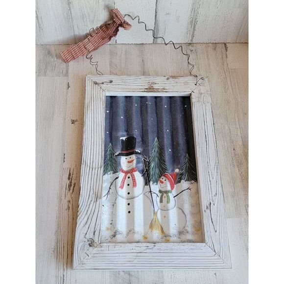 Snowman winter scape photo frame hanging Xmas wall decor family - Picture 1 of 13